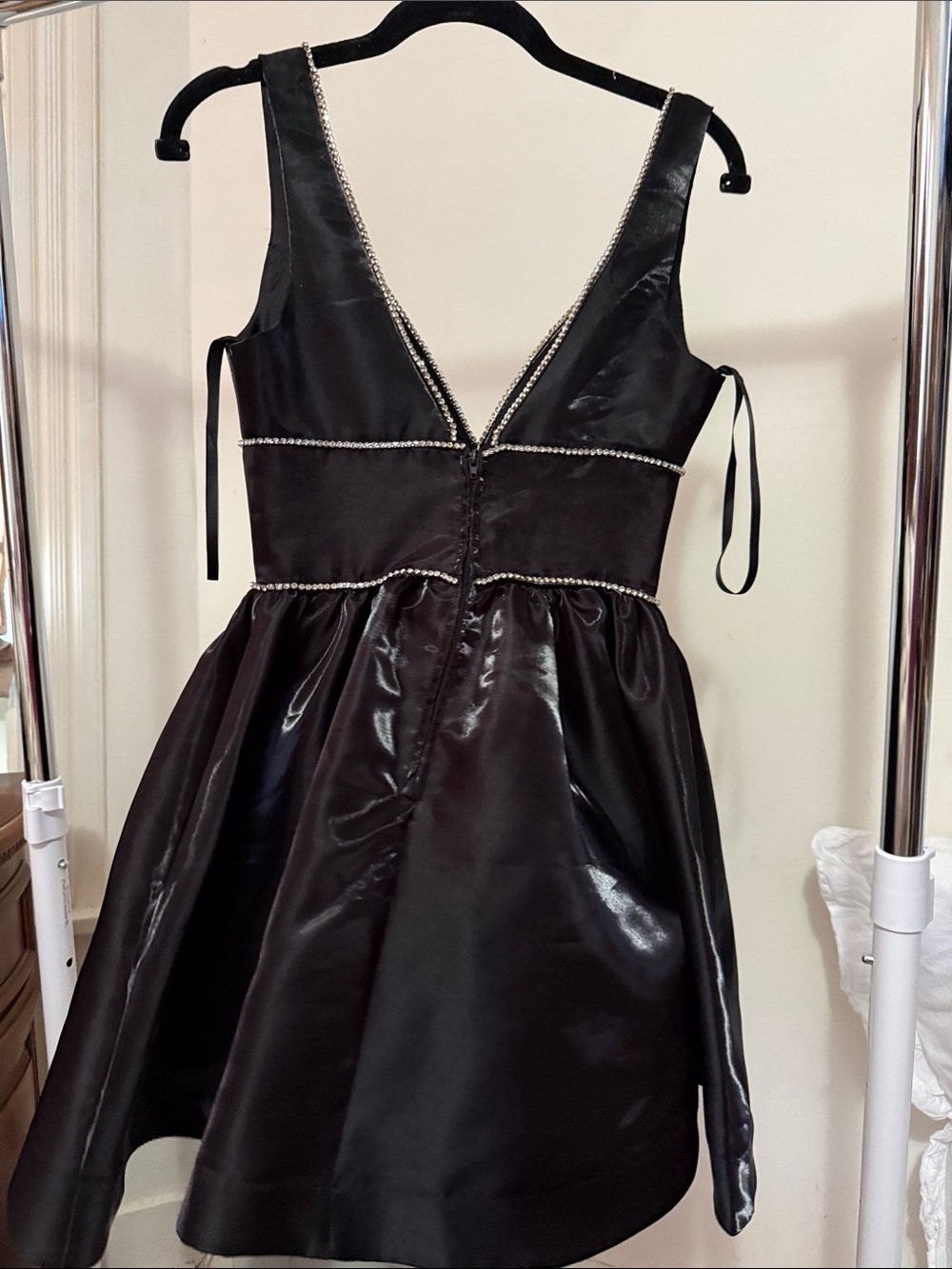 B Darlin Black Satin Mini Dress with Crystal Trim - Picture 2 of 5